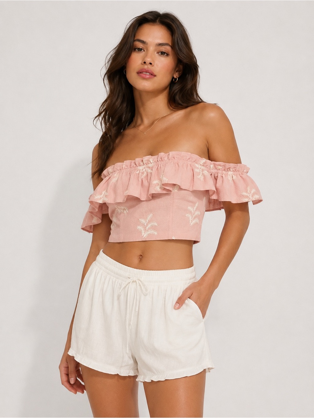 Zara Pink Off-Shoulder Ruffle Crop Top